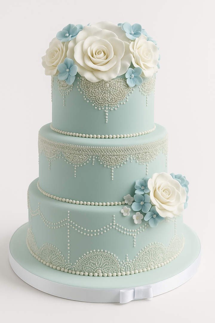 Vintage Lace Aqua Rose Fondant Cake