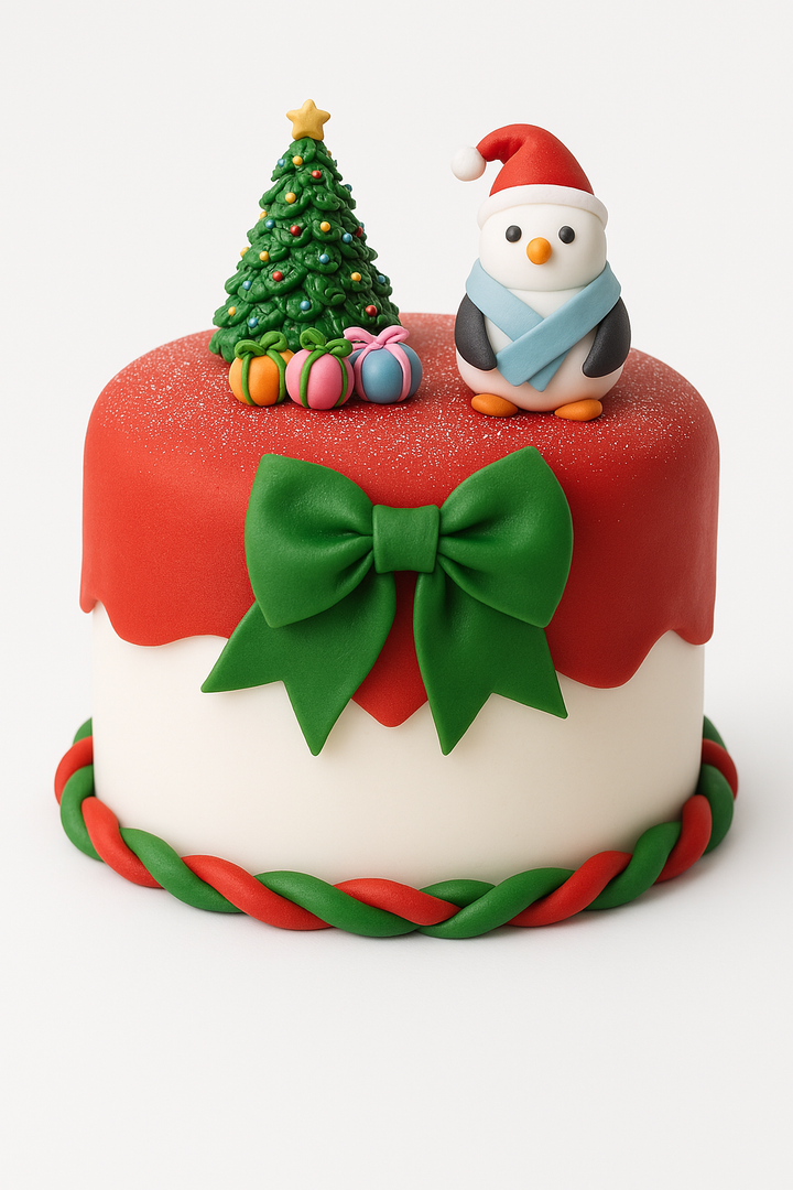 Festive Penguin & Christmas Tree Celebration Cake